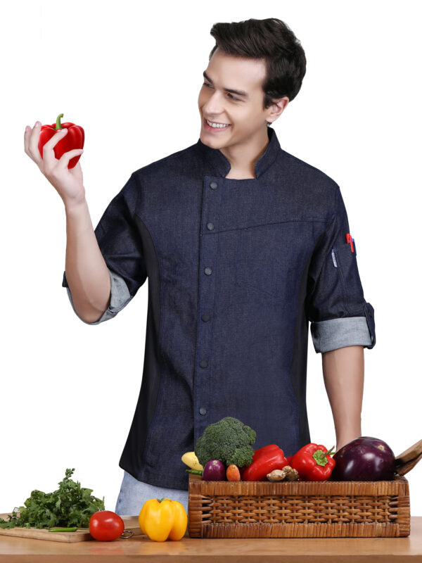 Unisex Asymmetrical Denim Jeans Chef Coat with Side mesh for All kind of Chefs
